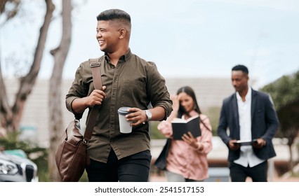 Business, man and happy with walking in city for morning commute and journey to work with coffee. Professional, person and smile with travel in urban town for lunch break, thinking and bag outdoor - Powered by Shutterstock