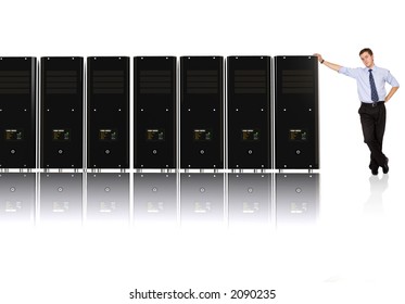 Business man and his network - 3d rendered servers, high detail even on servers screens