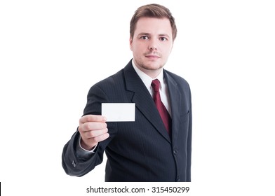 Business man holding blank empty card with copy space isolated on white