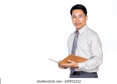 Business Man Holding A Book On Solid White Clear Background.