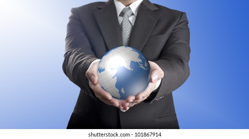 Business Man Holding Digital Globe With Two Hands