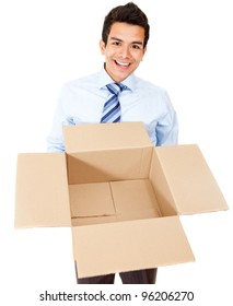 Business Man Holding An Empty Box - Isolated Over A White Background