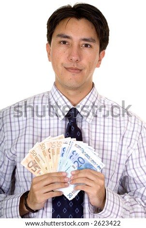 Millionaire business woman holding dollar bills - isolated over white