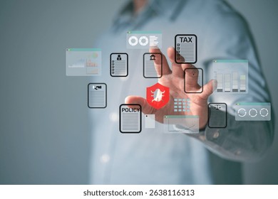 The Business man holding flaoting data folder are attack from malware virus