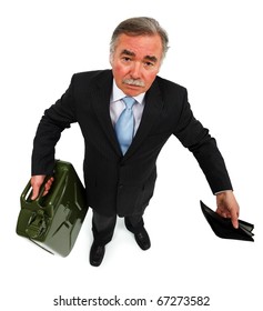 Business Man Holding Gas Can And Showing Empty Wallet