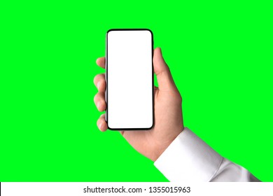 Business Man Holding Modern Edge To Edge Smartphone, Blank Screen, Greenscreen Background Template, Isolated