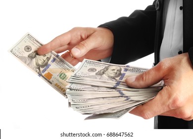 Business Man Holding Money On White Background