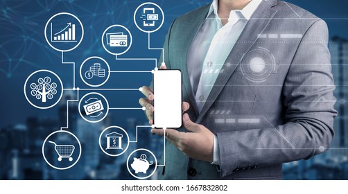 Business Man Holding Phone Show Application How To Using Internet Banking Past Technology For Convenience In Investment, Shopping Online, Save Money And Have Safety Per User