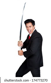 business man holding samurai sword isolated