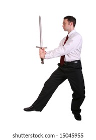 business man holding sword in martial arts pose