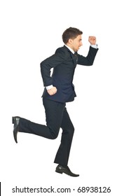 Business Man In A Hurry Running Away Isolated On White Background