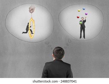 Business man imagining work situation with concrete wall background