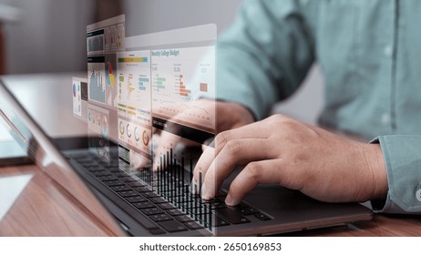Business man interacts with a futuristic virtual dashboard, displaying data analytics, charts, and statistics. The holographic interface represents innovation in technology, digital transformation. - Powered by Shutterstock - Get 15% off with code: PIKWIZARD15