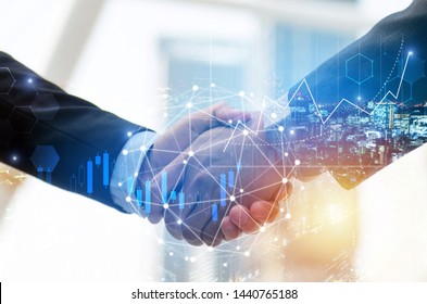 business man investor handshake with global network link connection and graph chart stock market diagram and city background, digital technology, internet communication, teamwork, partnership concept - Powered by Shutterstock