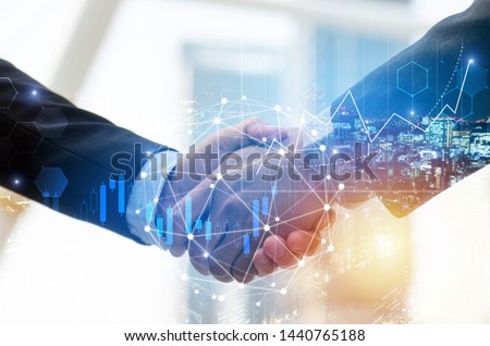 business man investor handshake with global network link connection and graph chart stock market diagram and city background, digital technology, internet communication, teamwork, partnership concept