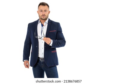 Business Man In A Jacket Take Off His Glasses And Looking At Camera, Isolated On A White Background.