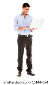 Business man with a laptop - isolated over a white background