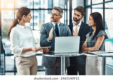 Business man, laptop and meeting with group for presentation of ideas, proposal and questions at job. People, team and leader in discussion, brainstorming or listen with computer at insurance agency - Powered by Shutterstock