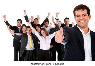 Business man leading a successful corporate group with thumbs up ? isolated - Powered by Shutterstock