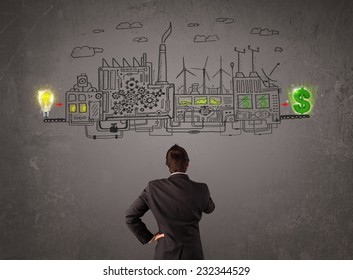 Business Man Looking At Factory That Makes Money From Ideas Concept