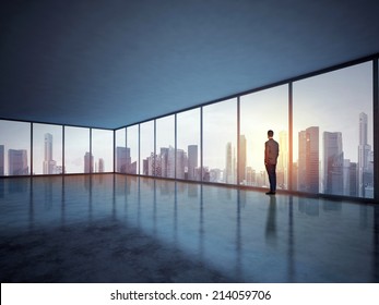 Business Man Looking Megalopolis Through Window