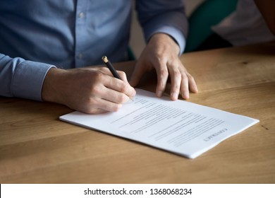 Business Man Manager Customer Hand Sign Contract, Male Client Put Written Signature On Legal Paper Subscribe Document Fill Form Make Sale Purchase Commercial Insurance Deal Agreement, Close Up View