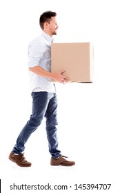 Business man moving and carrying a box - isolated over white