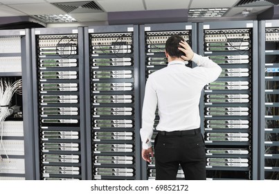 It Business Man In Network Server Room Have Problems And Looking For  Disaster Situation  Solution