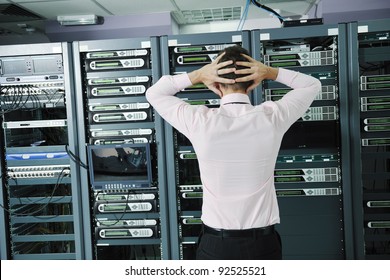 It Business Man In Network Server Room Have Problems And Looking For  Disaster Situation  Solution