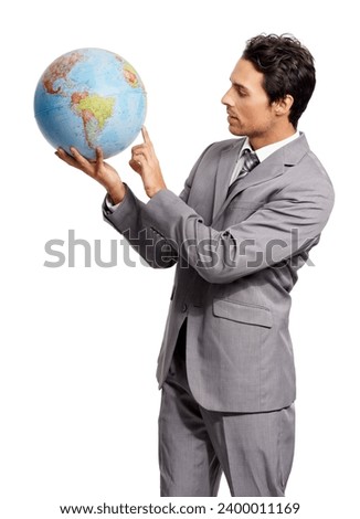 Business man on globe, choice to travel or worldwide destination isolated onwhite studio background. Vacation, professional suit and agent pointing at earth map for geography or international journey