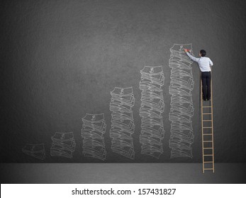 Business Man On Ladder Drawing Idea Is Money Concept On Wall