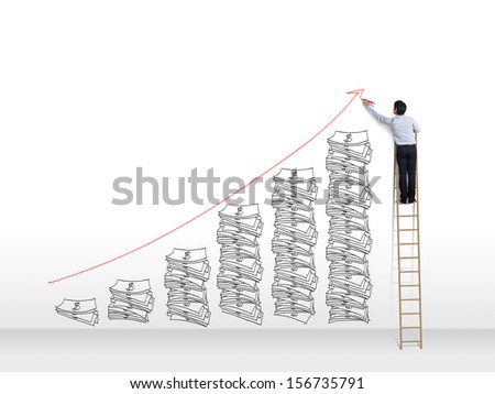 Business man on ladder  drawing idea is money concept on wall
