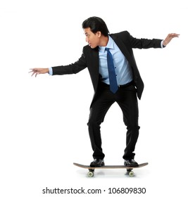 Business Man On Skateboard Isolated On White Background