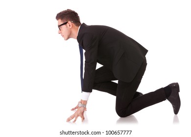 Business Man On Starting Line Of A Race Isolated Over White Background