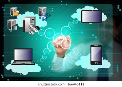 Business man operating cloud computing network connecting various systems over cloud through mobile, laptop, tab, touch screen