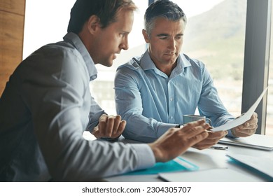 Business man, partner and documents, planning and meeting for accounting, data analysis and budget report. Professional people, accountant or clients with paperwork review, taxes and office advice - Shutterstock ID 2304305707