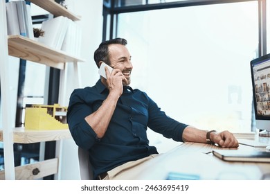 Business man, phone call and architect by desk for communication, conversation or negotiation deal. Talking, contact and employee in office for networking, client b2b or explaining project details - Powered by Shutterstock