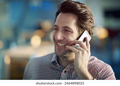 Business man, phone call and talking in office, networking and negotiation on deal for company. Male person, happy and feedback on planning or proposal, consulting and communication on app for chat - Powered by Shutterstock