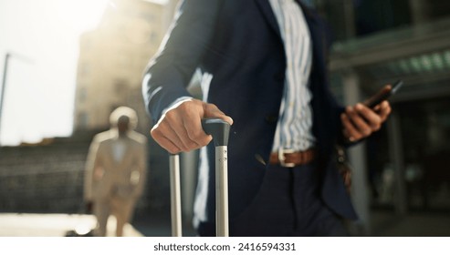 Business man, phone and suitcase in street, hands and search for location, travel and transport to airport Corporate employee, smartphone and walk with baggage, luggage or urban sidewalk in Cape Town - Powered by Shutterstock