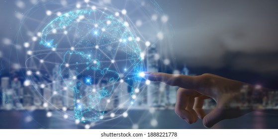 business man point hand to communication network wireframe mesh connected to data around world with distributed cloud system to make anywhere operations and collect internet of behaviors by using 5g
