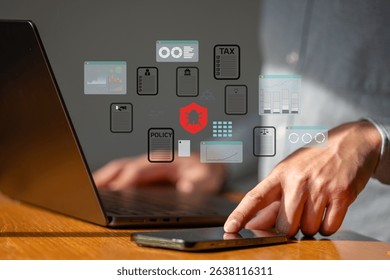 The Business man point to smartphone with flaoting data folder are attack from malware virus
