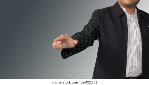 Business man pointing to code . Binary Computer Code. Programming / Coding / Hacker concept. 