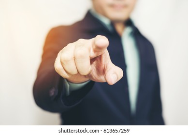 Business Man Pointing Finger Soft Focus Background