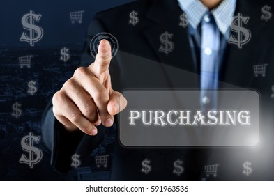 Business Man Pointing His Hand On Transparent Screen Button With Text Purchasing