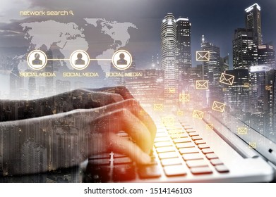 Business Man With Pointing To Something Or Touching A Touch Screen Overlay With Cityscape. Double Exposure. Business And Technology Concept