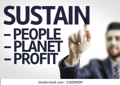 Business man pointing to transparent board with text: Sustain Descriptions