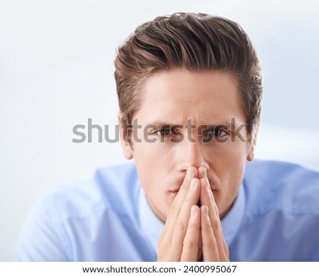 Business man, portrait and thinking or planning in studio, vision and worker contemplating career. Male person, professional and confidence on face, serious and idea for company by white background