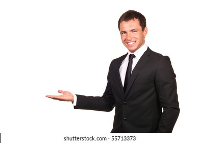 Business Man Presenting Over A White Background