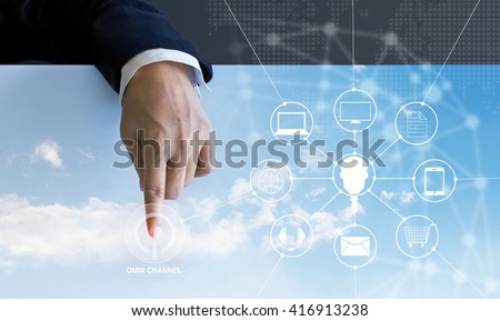 Business man press the button power icon customer network connection on blue sky background, Omni Channel 