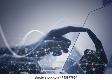 Business Man, Programmer, Software Developer Working On Laptop Computer With Network Connection, Monochrome, Internet Of Things IoT, 4.0 Digital Technology Development Concept